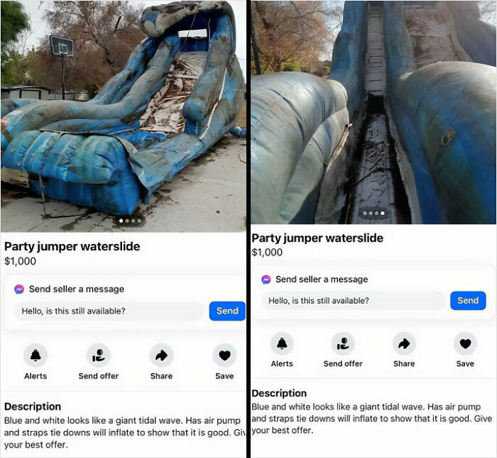 A worn-out party jumper waterslide listed for $1,000 on Facebook Marketplace.