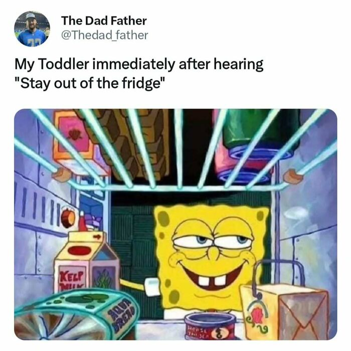 SpongeBob grinning mischievously inside a fridge, illustrating the funny struggles of a dad with a toddler.