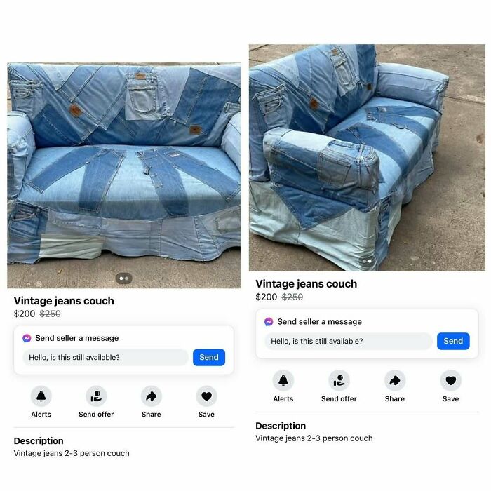 Vintage jeans couches listed on Facebook Marketplace, priced at $200.