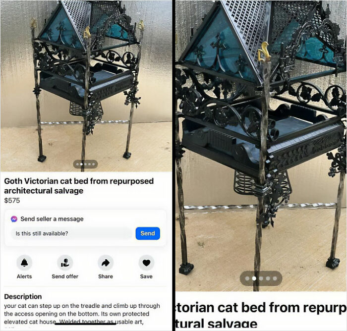 Victorian cat bed ad on Facebook Marketplace showcasing ornate design from repurposed materials.