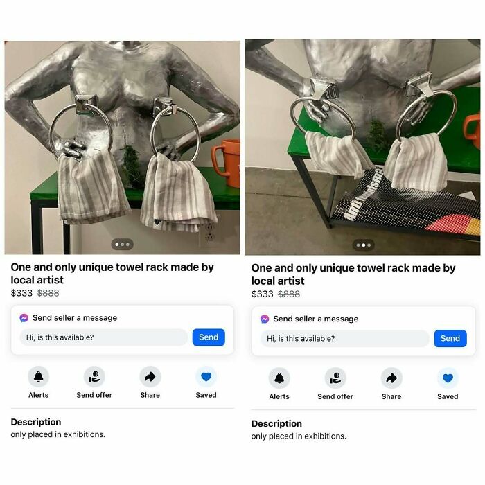 Unique towel rack on Facebook Marketplace featuring a torso design, priced at $333 with original price $888.