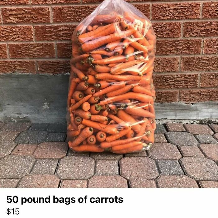 A large bag filled with carrots listed on Facebook Marketplace for $15.