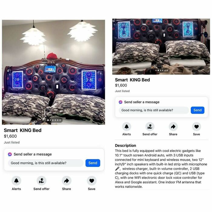 Smart king bed listing on Facebook Marketplace, featuring advanced tech and camouflage bedding.