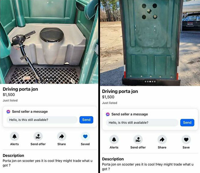 Facebook Marketplace ad showing a driving porta jon for sale at $1,500, featuring a scooter inside.