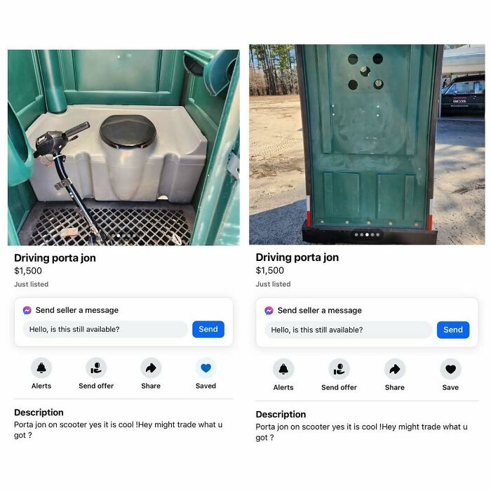 Facebook Marketplace ad showing a driving porta jon for sale at $1,500, featuring a scooter inside.