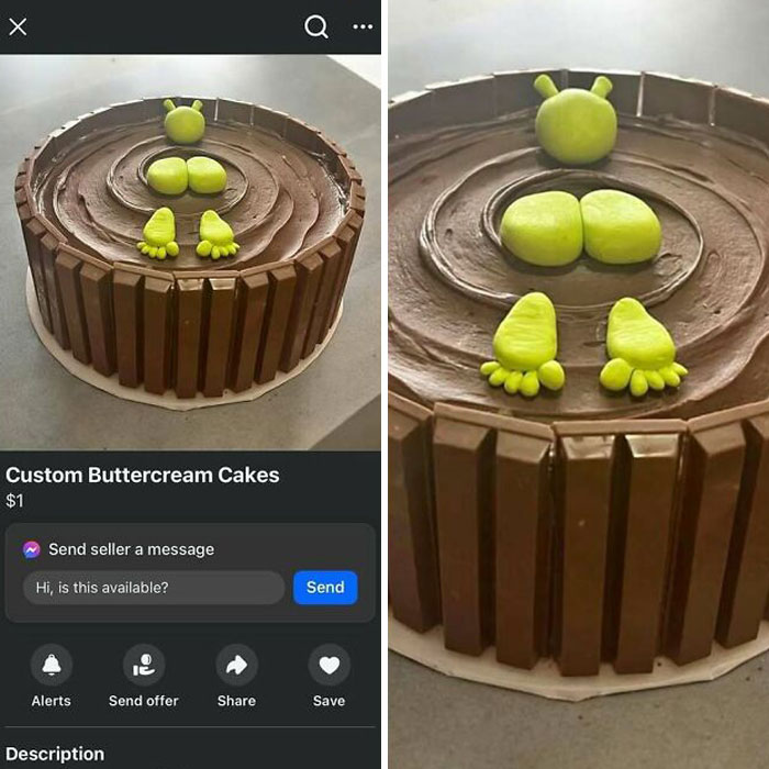 Custom buttercream cake advertised on Facebook Marketplace, decorated like green alien in chocolate.