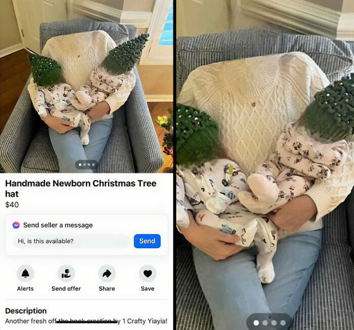 Person holding a baby wearing a handmade Christmas tree hat, featured in a Facebook Marketplace ad.