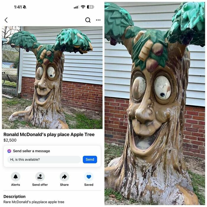 Cartoon-like tree sculpture, listed on Facebook Marketplace, with exaggerated facial features near a brick wall.