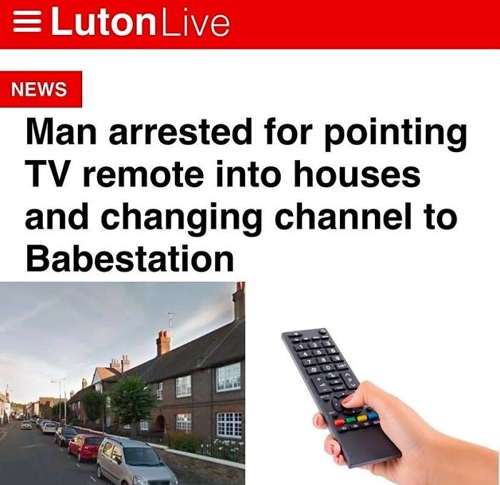 British news graphic about a man using a TV remote outside houses to change channels.