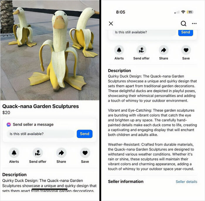 Delusional Facebook Marketplace ad featuring quirky, duck-shaped garden sculptures made from banana designs.