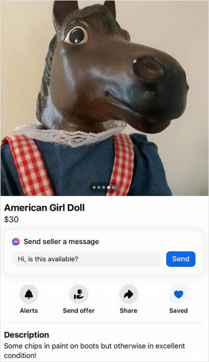 "American Girl Doll listing with horse head, highlighting delusional Facebook Marketplace ad."