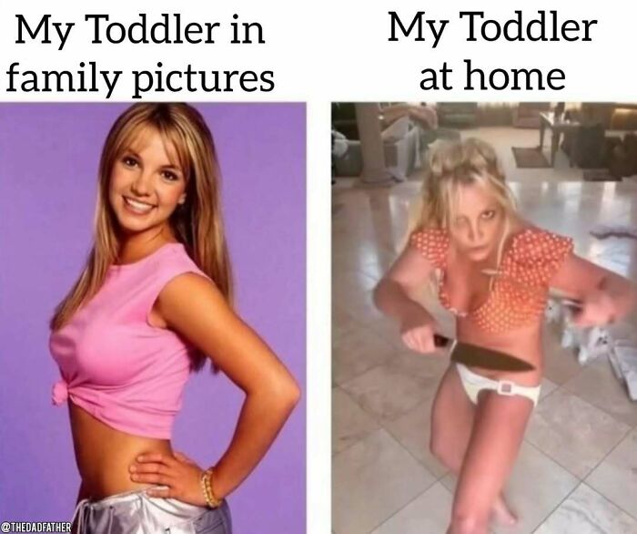 Funny meme comparing a toddler's calm family photo behavior with their chaotic energy at home.