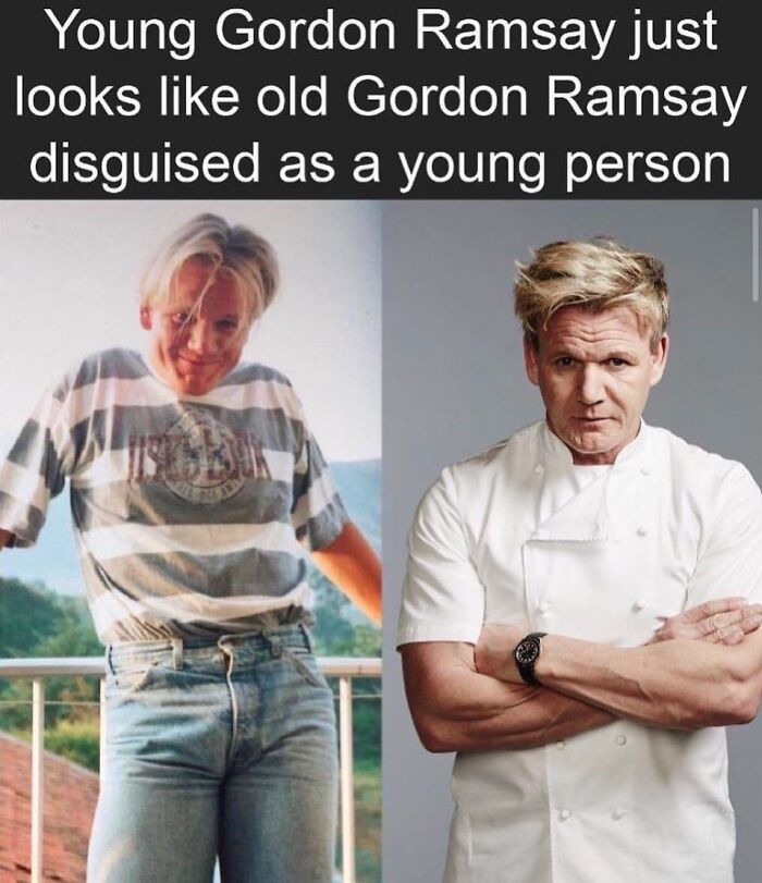 Young and older chef side by side in a humorous British photo comparison.