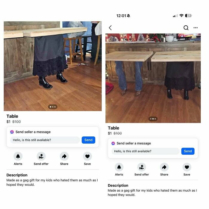 Bizarre Facebook Marketplace ad showing a table with mannequin legs underneath as a gag gift for $1.