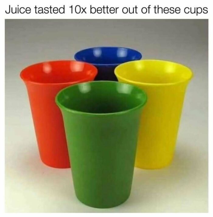 Nostalgic colored cups, red, green, blue, yellow, with text: "Juice tasted 10x better out of these cups."