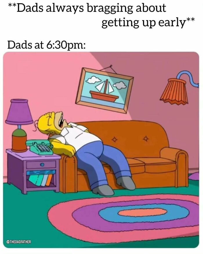 Cartoon dad sleeping on the couch in a funny meme, illustrating the daily joys and struggles of a dad.