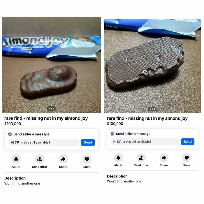 Facebook Marketplace ad featuring an Almond Joy bar missing a nut, priced at $100,000.