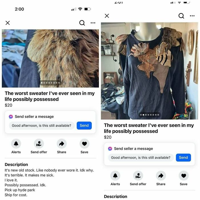 Unusual sweater ad on Facebook Marketplace, described as "possibly possessed," priced at $20.