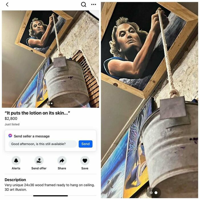 Unique Facebook Marketplace ad featuring a framed 3D illusion with a hanging bucket.