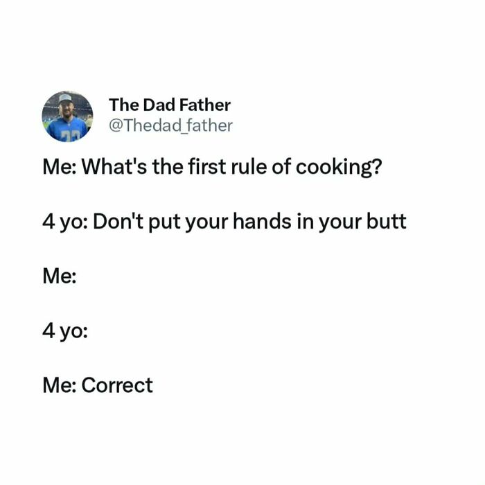 Dad meme about cooking rule humor featuring funny dialogue with a 4-year-old.