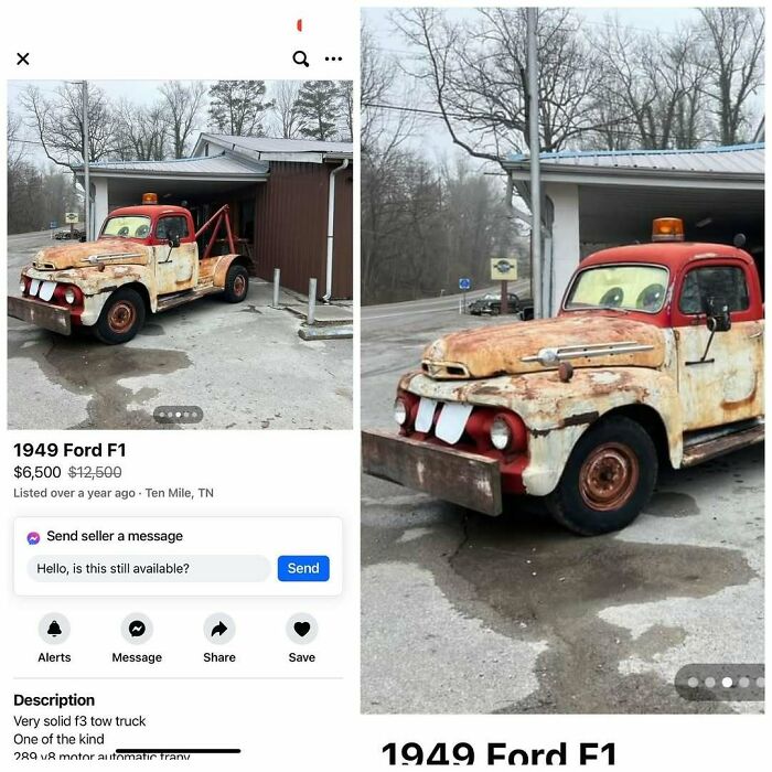 Rusty 1949 Ford F1 truck with cartoon eyes listed on a Facebook Marketplace ad.