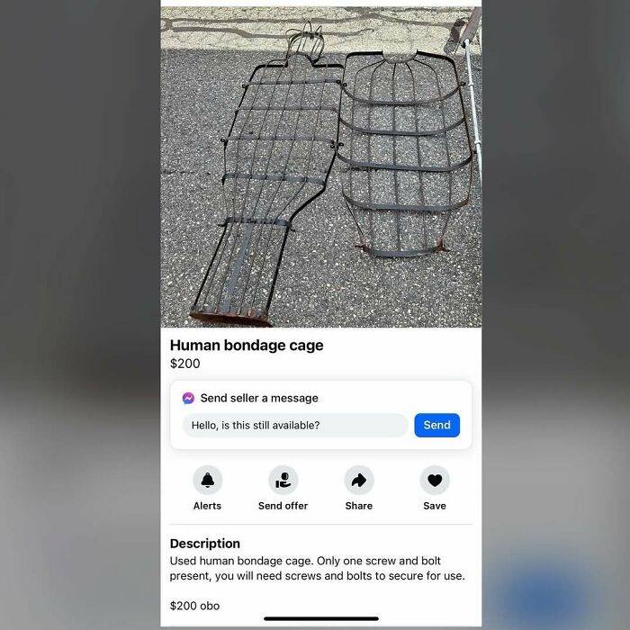 Listing of a human-shaped metal cage for sale on Facebook Marketplace.