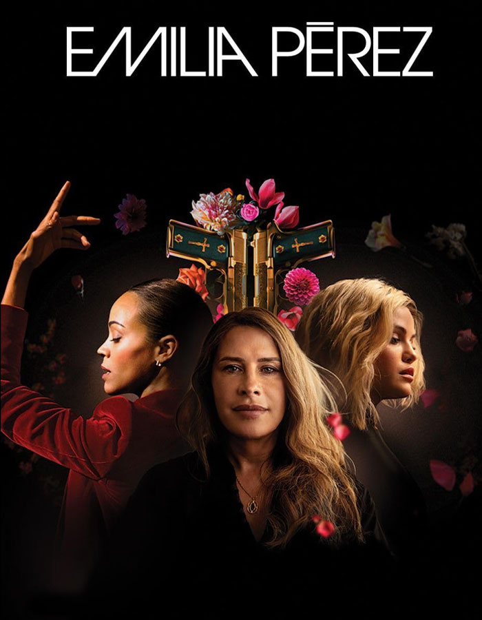 Movie poster for "Emilia Pérez" featuring three women with flowers, related to Oscar nominations.