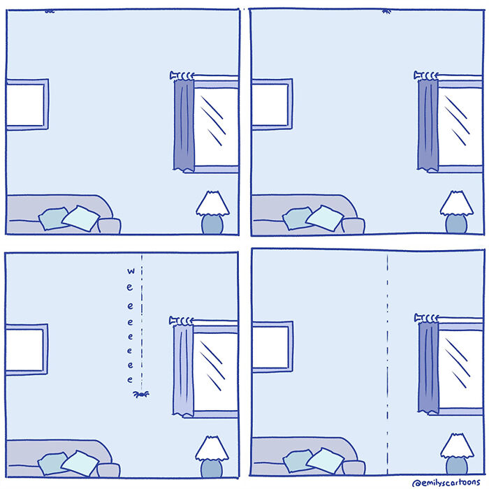 Comic strip by Emily McGovern showing a spider descending from the ceiling in a living room, illustrating everyday life humor.