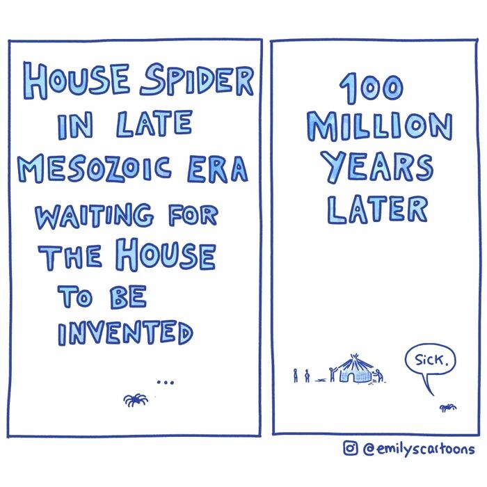 Comic by Emily McGovern showing a spider waiting 100 million years for a house to be invented, labeled "Sick".