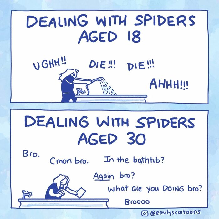 A comic illustrates hilariously accurate changes in dealing with spiders from age 18 to 30.