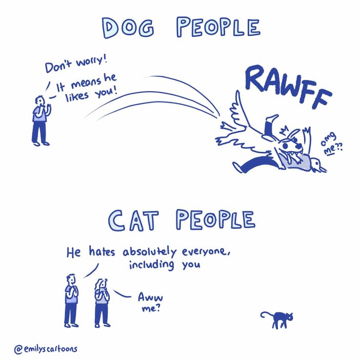 Comic by Emily McGovern showing a humorous contrast between dog and cat people's interactions.