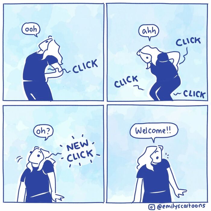 A comic by Emily McGovern humorously depicts a character's body making clicks and welcoming a new click.