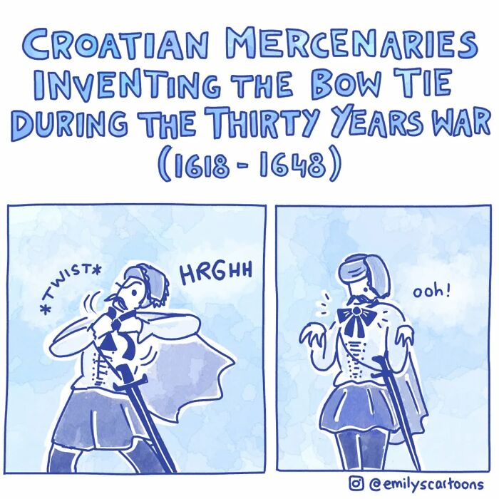 Comic illustration by Emily McGovern showing Croatian mercenaries humorously inventing the bow tie during the Thirty Years’ War.