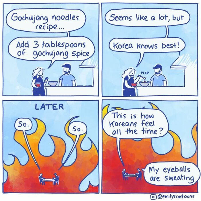 Comic by Emily McGovern shows a gochujang noodles recipe causing fiery reaction and humorously illustrating life.