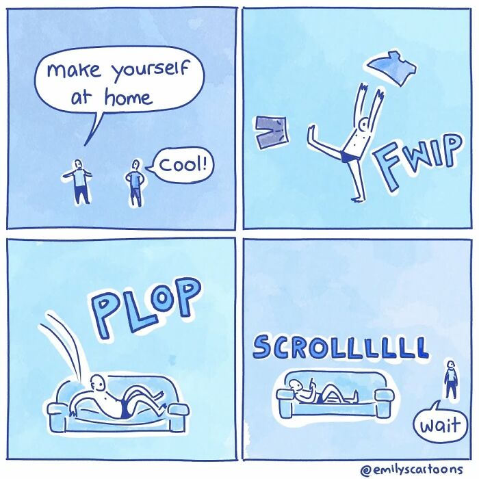 Comic by Emily McGovern illustrating everyday life in a humorous style, featuring a person making themselves at home on a couch.