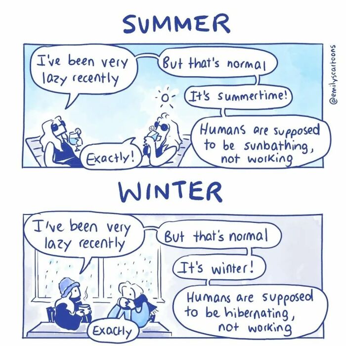 Comic strip humorously showing lazy summer and winter habits by Emily McGovern.