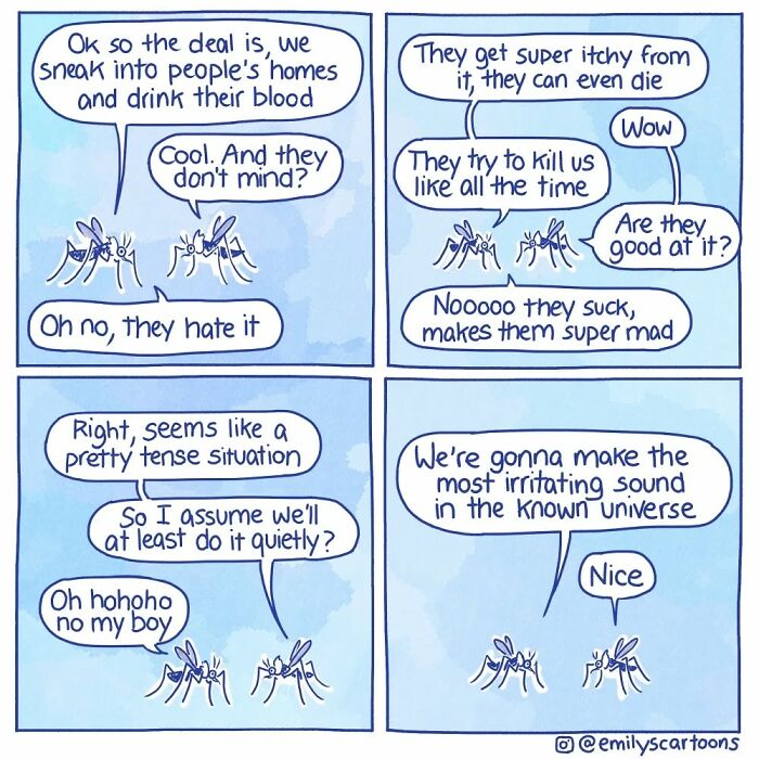 Mosquitoes discussing their irritating buzz in a comic by Emily McGovern, humorously depicting everyday life.