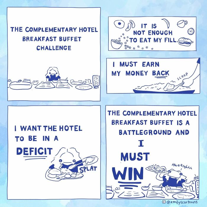 Comic by Emily McGovern humorously depicting a fierce battle at a complimentary hotel breakfast buffet.