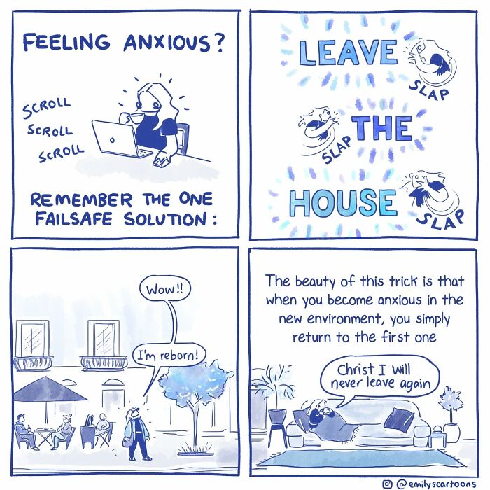 Comic by Emily McGovern humorously shows the cycle of anxiety relief by leaving the house and returning home.