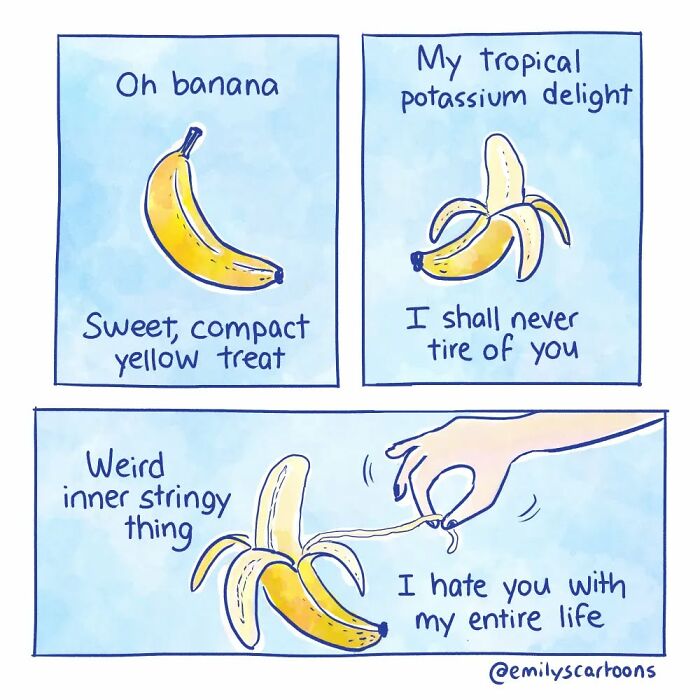 Comic by Emily McGovern humorously depicting love and hate for a banana's stringy part.