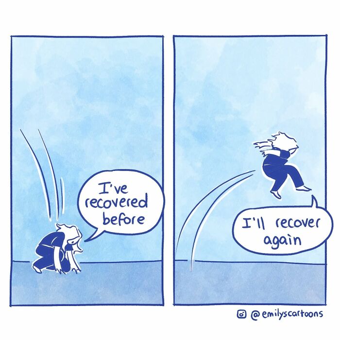 Comic by Emily McGovern: A character stands up saying, "I've recovered before, I'll recover again," illustrating everyday life.