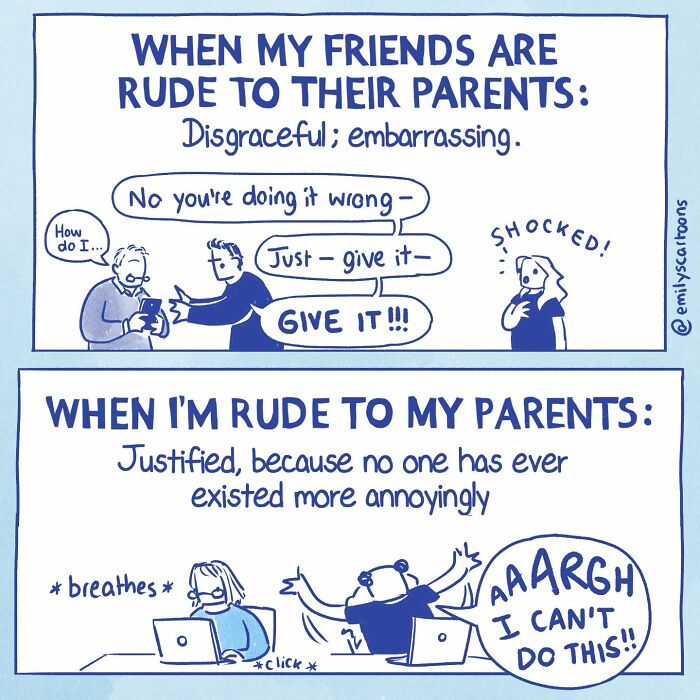 Accurate comic by Emily McGovern depicting different reactions to friends and self being rude to parents.