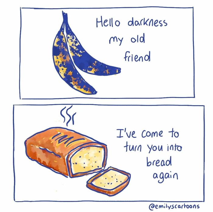 Overripe bananas and bread loaf in a humorous comic about everyday life by Emily McGovern.