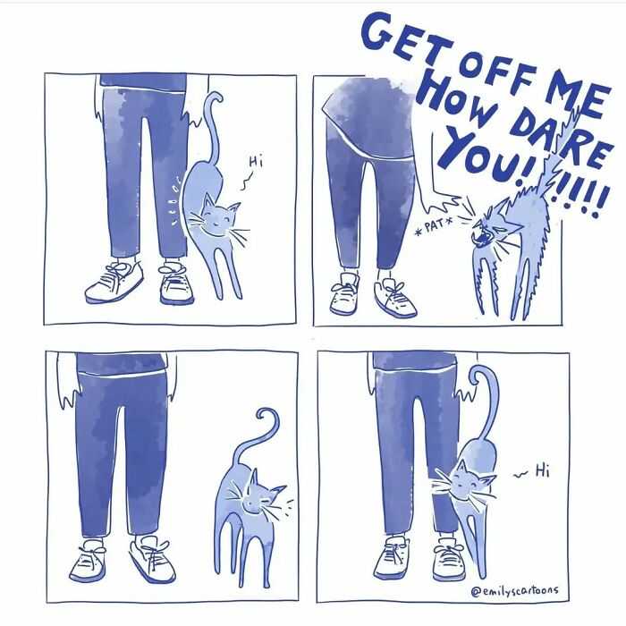 Comic by Emily McGovern shows a cat rubbing against a person, then hissing after being patted, illustrating everyday life humor.