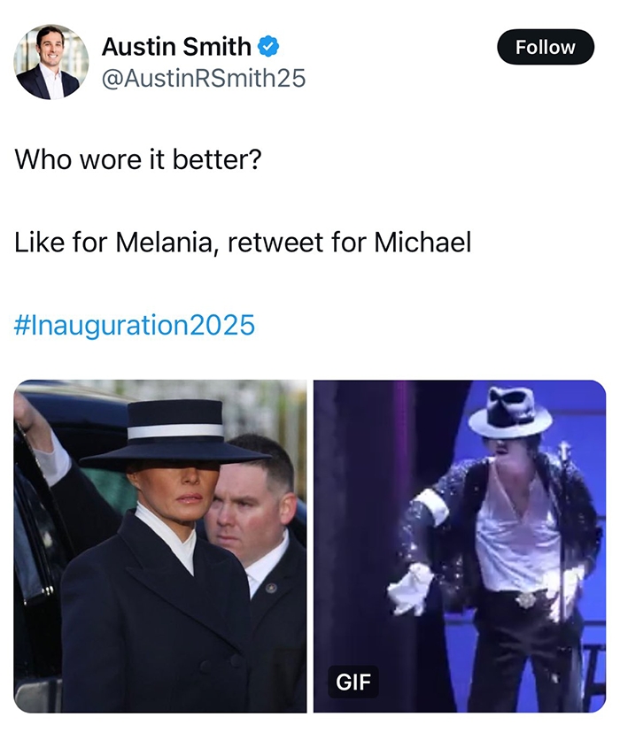 Melania in dark suit and wide-brimmed hat next to Michael Jackson performer, sparking body double rumors.