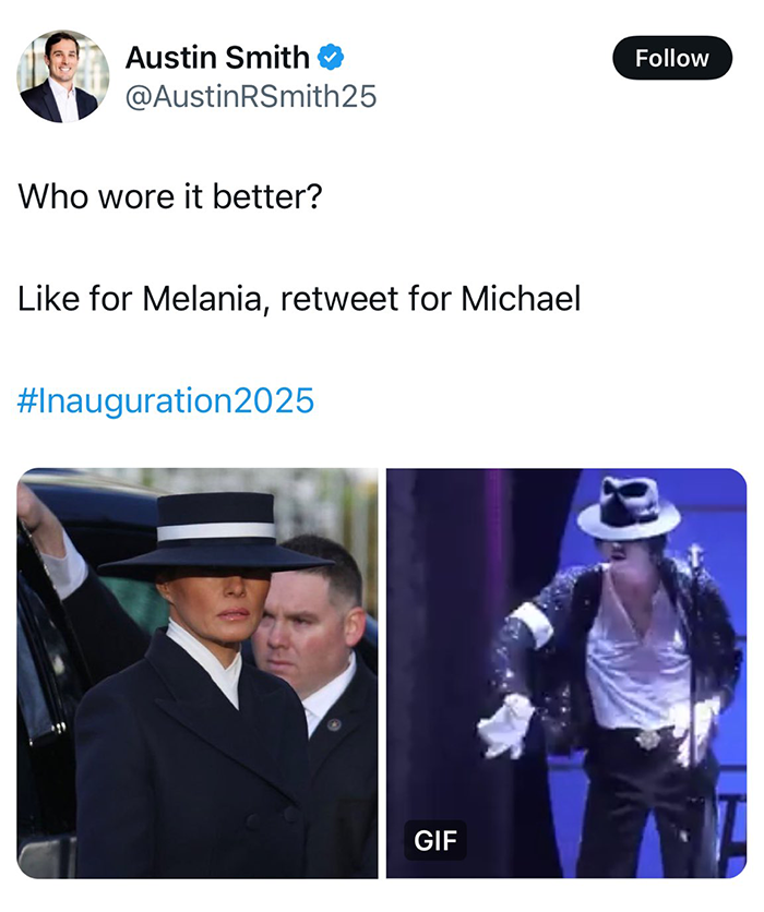 Comparison of Melania Trump's inauguration outfit with a similar iconic style in a humorous social media post.