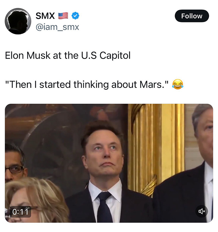 Elon Musk at U.S. Capitol event, looking upwards, with caption about Mars, sparking meme reactions.