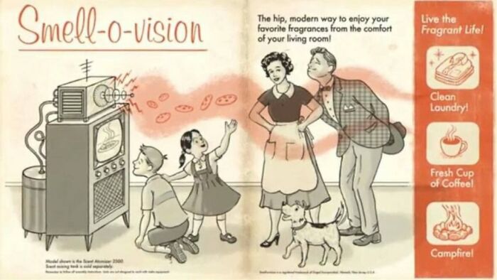 Family enjoying Smell-o-vision device releasing scents, an invention ahead of its time.