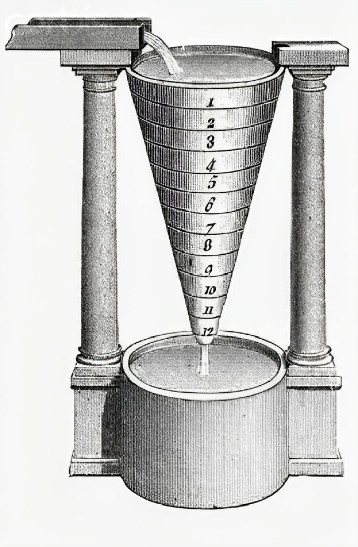 Ancient water clock illustration, representing historical inventions.