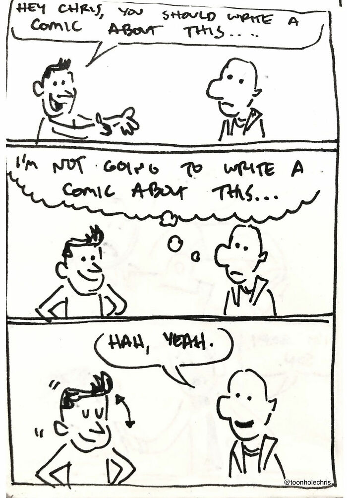 Comic strip by Toonhole Chris with two characters discussing writing comics with humorous expressions.